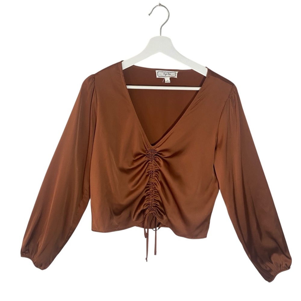 Hippie Rose Brown Ruched Blouse Size M Elegant Long Sleeve